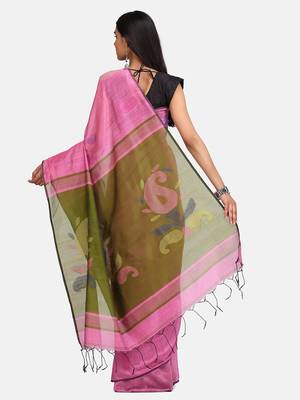 Pink Jamdani Work Cotton Silk Handloom Saree With Blouse 5