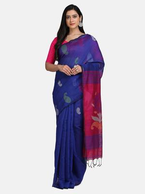 Blue Jamdani Work Cotton Silk Handloom Saree With Blouse 3