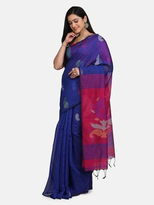 Blue Jamdani Work Cotton Silk Handloom Saree With Blouse 1