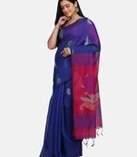 Blue Jamdani Work Cotton Silk Handloom Saree With Blouse