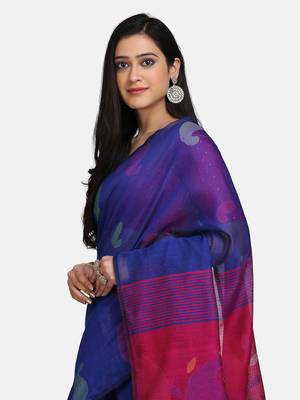 Blue Jamdani Work Cotton Silk Handloom Saree With Blouse 4