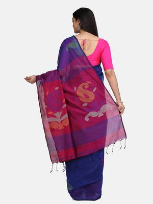 Blue Jamdani Work Cotton Silk Handloom Saree With Blouse 5