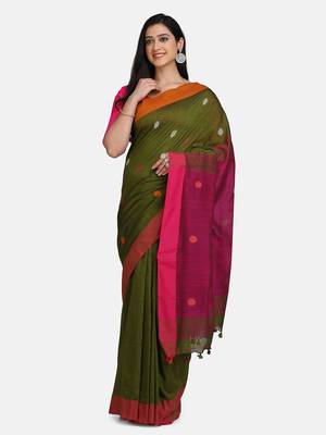 Magenta and Bottle Green Buti Work Khadi Cotton Handloom Saree With blouse 1