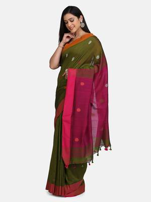 Magenta and Bottle Green Buti Work Khadi Cotton Handloom Saree With blouse 3