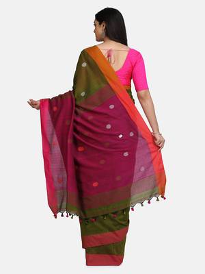 Magenta and Bottle Green Buti Work Khadi Cotton Handloom Saree With blouse 4