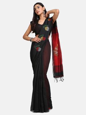 Red and Black Mithay Pallu Design Cotton Silk Handloom Saree With Blouse 1