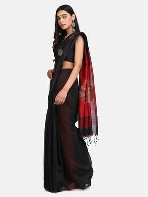 Red and Black Mithay Pallu Design Cotton Silk Handloom Saree With Blouse 3