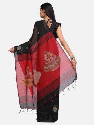 Red and Black Mithay Pallu Design Cotton Silk Handloom Saree With Blouse 5
