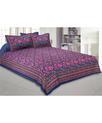 Cotton King Size 240 TC Blue Floral Decor Double Bedsheet 1