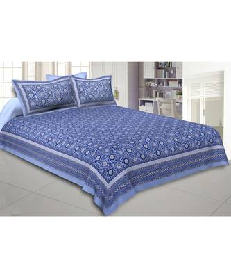 Cotton King Size 240 TC Festival Chakri Blue Double Bedsheet 1