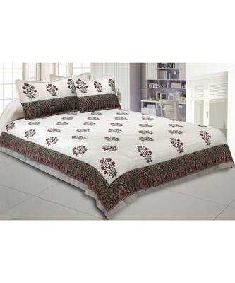 Cotton King Size 240 TC Dark Pink Flora Bunch Hand Block Print Double Bedsheet 1