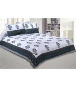 Cotton King Size 240 TC Blue Flora Bunch Hand Block Print Double Bedsheet