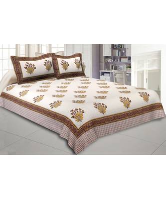 Cotton King Size 240 TC Feathers of Fortune Yellow Hand Block Print Double Bedsheet 1