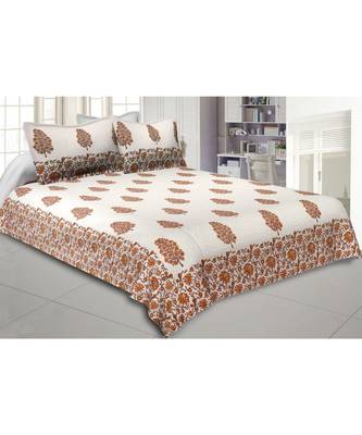 Cotton King Size 240 TC Traditional Tree Yellow Hand Block Print Double Bedsheet 1