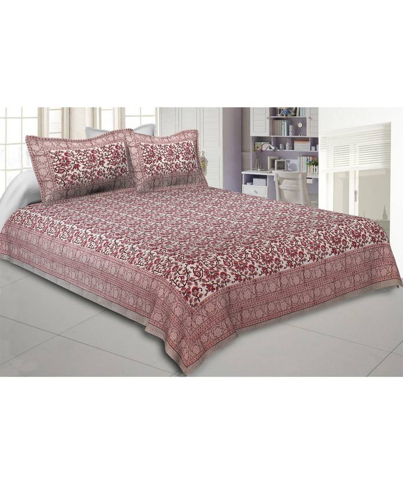 Cotton King Size 240 TC Pink Floral Festoon Hand Block Print Double Bedsheet