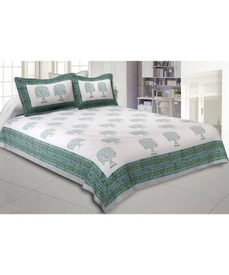 Cotton King Size 240 TC Holy Banyan Tree Green Hand Block Print Double Bedsheet 1