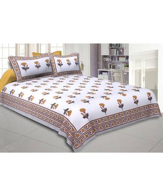 Cotton King Size 240 TC Mustard Mystic Marigold Double Bedsheet 1