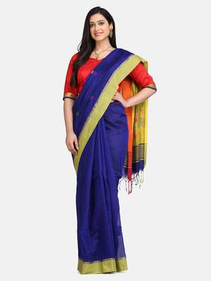 Yellow and Blue Black Pallu Jamdani Work Handloom Saree With Blouse 1