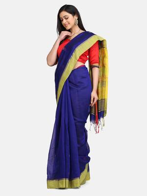 Yellow and Blue Black Pallu Jamdani Work Handloom Saree With Blouse 3