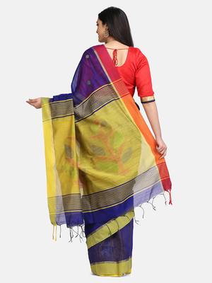 Yellow and Blue Black Pallu Jamdani Work Handloom Saree With Blouse 4