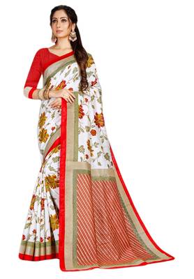 White & Red Cotton Silk Printed Saree with Blouse Piece 1