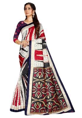 White & Black Cotton Silk Printed Saree with Blouse Piece 1