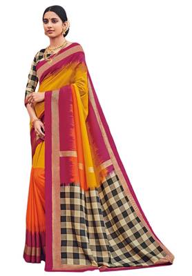 Yellow & Magenta Cotton Silk Printed Saree with Blouse Piece 1