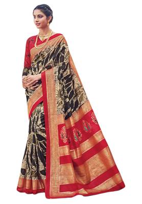 Black & Red Cotton Silk Printed Saree with Blouse Piece 1