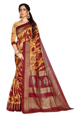 Yellow & maroon Cotton Silk Printed Saree with Blouse Piece 1