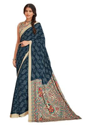 Blue & Beige Crepe Printed Saree with Blouse Piece 1