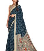 Blue & Beige Crepe Printed Saree with Blouse Piece