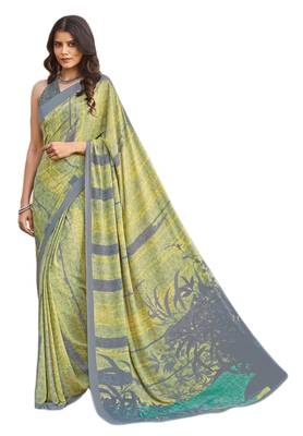 Yellow & Grey Crepe Printed Saree with Blouse Piece 1