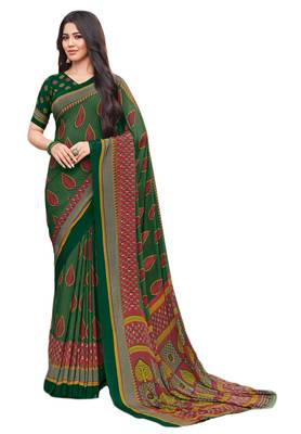Green & Pink Crepe Printed Saree with Blouse Piece 1