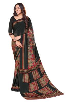 Black & Red Crepe Printed Saree with Blouse Piece 1