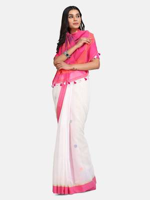 Pink and White Black Pallu Jamdani Work Handloom Saree With Blouse 1