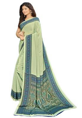 Yellow & Blue Crepe Printed Saree with Blouse Piece 1
