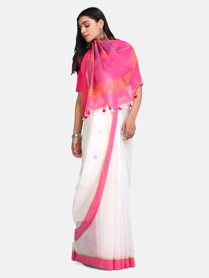 Pink and White Black Pallu Jamdani Work Handloom Saree With Blouse 4