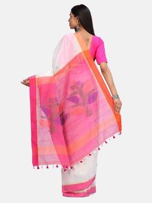 Pink and White Black Pallu Jamdani Work Handloom Saree With Blouse 5