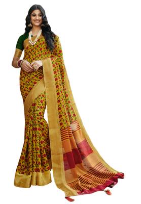 Yellow & Red Cotton Silk Printed Saree with Blouse Piece 1