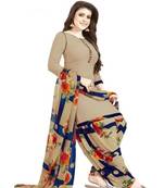 Beige Floral Printed Unstitched Salwar Kameez With Dupatta
