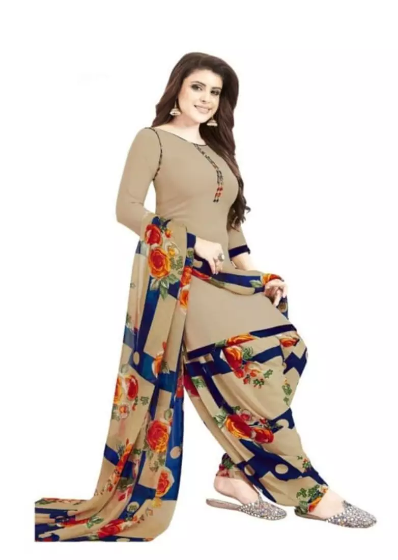 Beige Floral Printed Unstitched Salwar Kameez With Dupatta