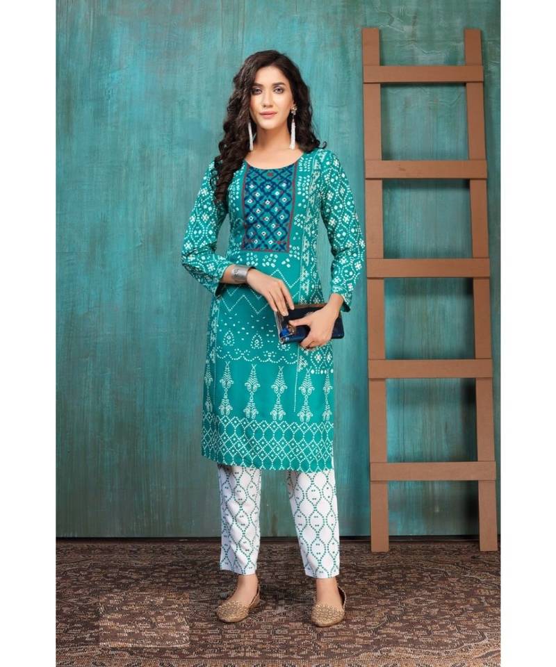 Teal Rayon Bandhani Print and Embroiderd Kurta salwar and Dupatta Set main image 1