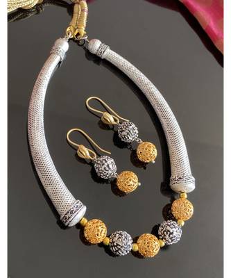 Beautiful dual tone oxidised silver designer balls necklace set 1