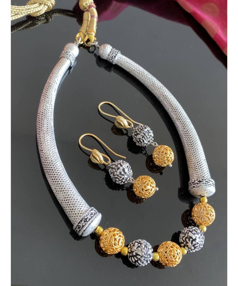 Beautiful dual tone oxidised silver designer balls necklace set