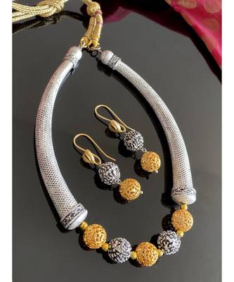 Beautiful dual tone oxidised silver designer balls necklace set 3