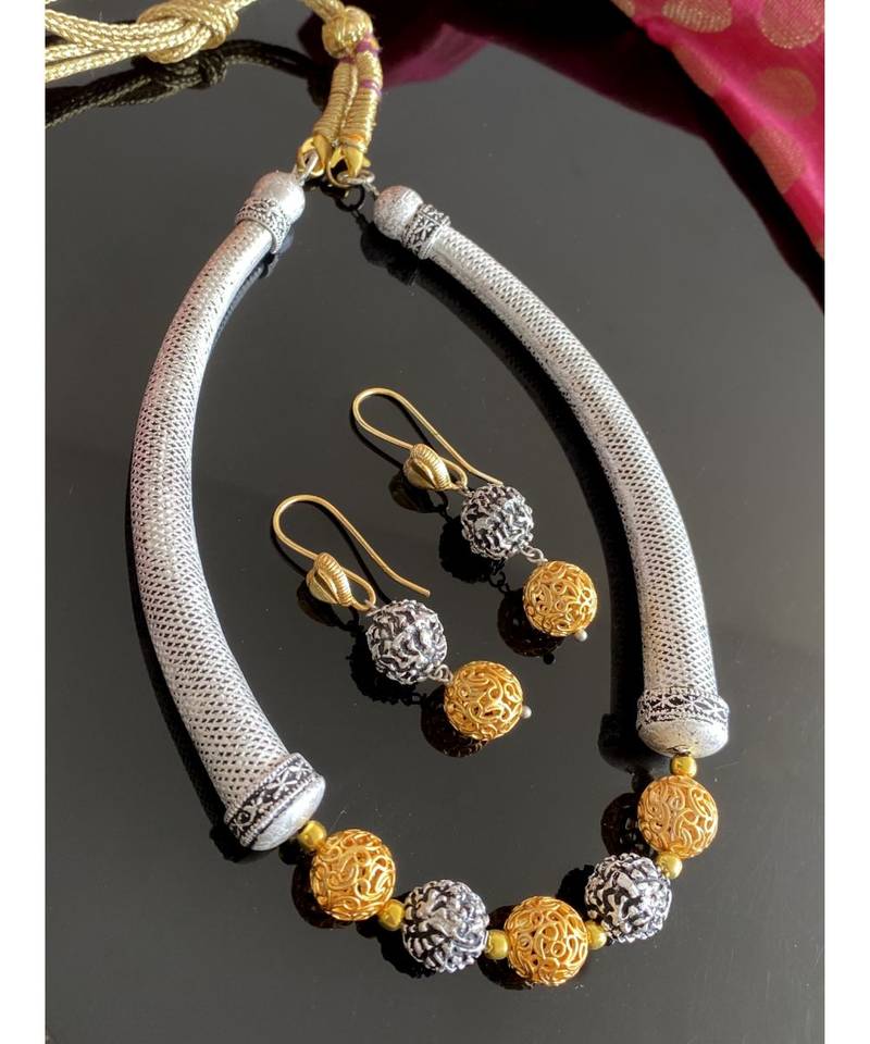 Beautiful dual tone oxidised silver designer balls necklace set