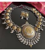 Lovely Oxidised silver Two tone Big Lotus Pendant necklace set