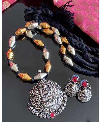 Divine Oxidised Silver Pink Lakshmi Pendant Long Chain Set 1