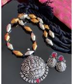 Divine Oxidised Silver Pink Lakshmi Pendant Long Chain Set