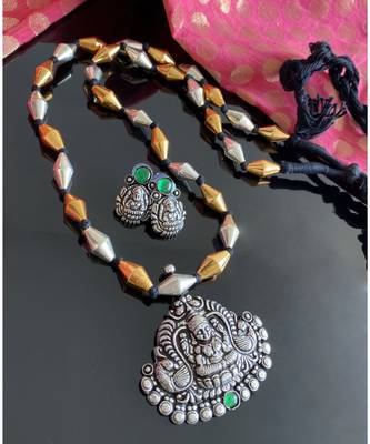 Divine Oxidised Silver Green Lakshmi Pendant Long Chain Set 1